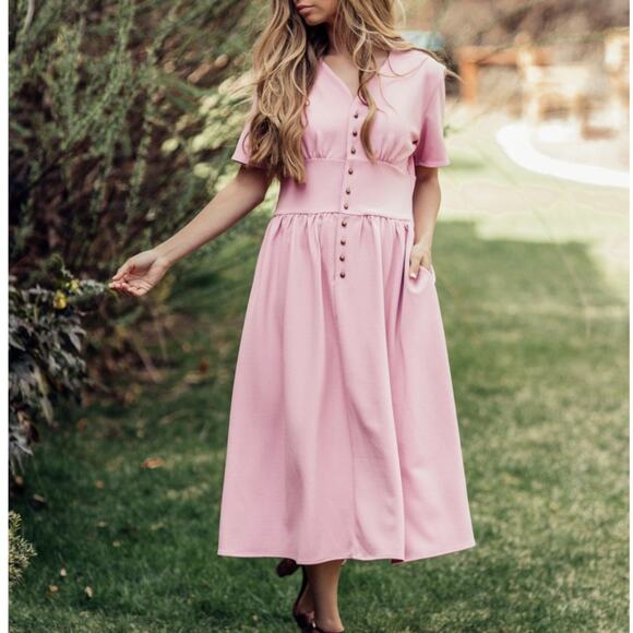 JessaKae Pink Folklore Button Front Short Sleeve Dress - Picture 1 of 11